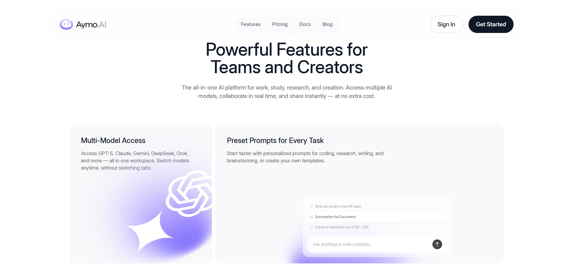 Aymo Features - Multi-model access, team collaboration, and BYOK mode