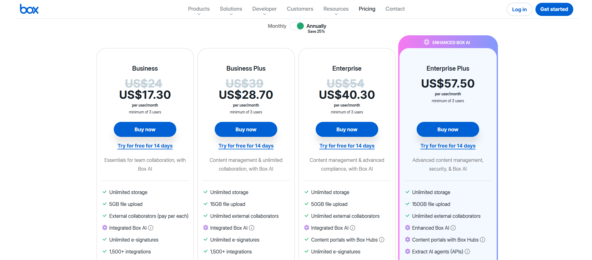 Box pricing information