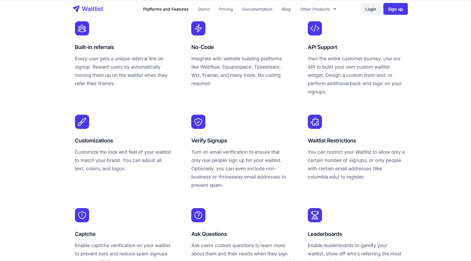 Waitlist Features - Built-in viral loops, flexible integration, and analytics