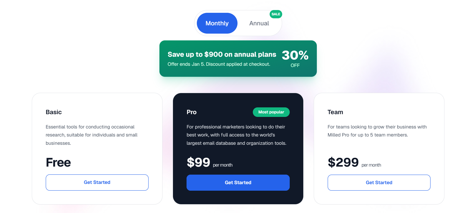 Milled Pricing - Freemium model with free and Pro tiers