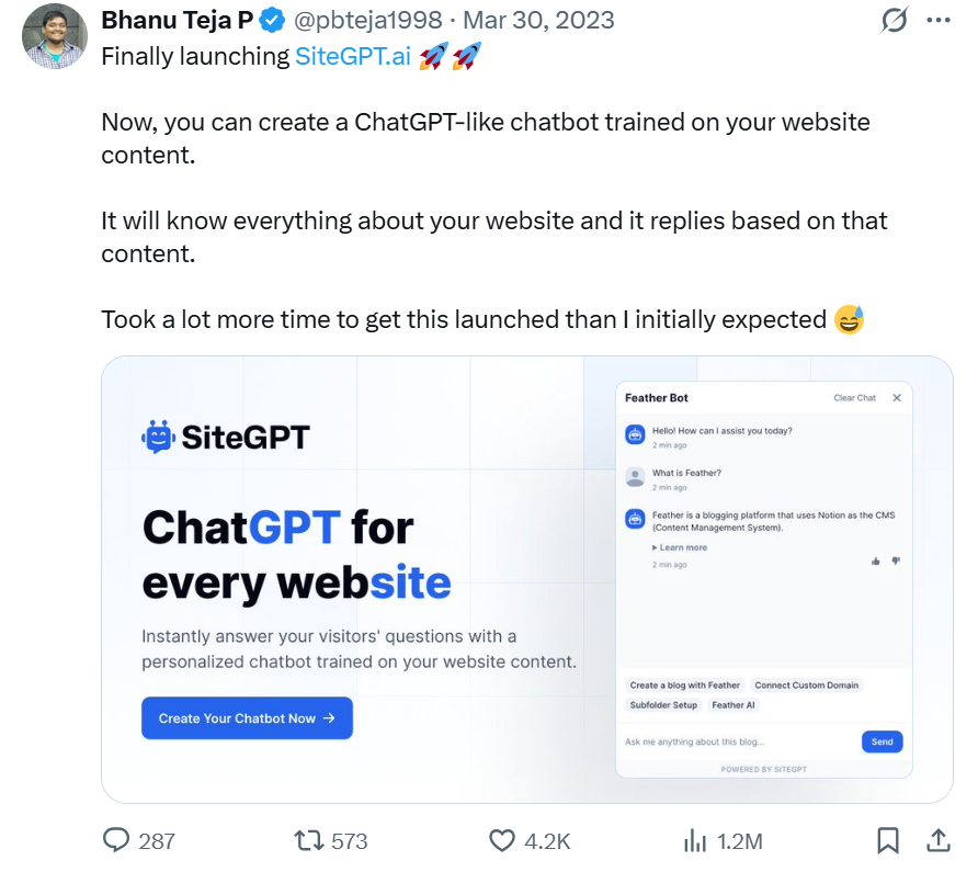 SiteGPT founder Bhanu Teja