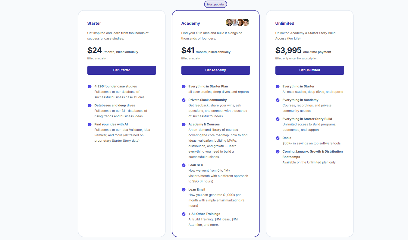 Starter Story Pricing - Freemium model with premium membership