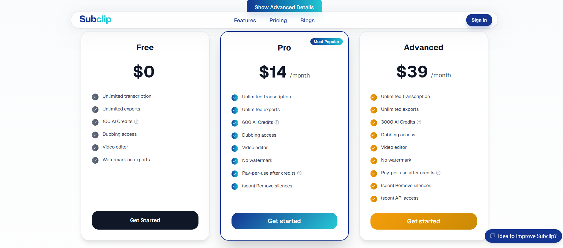 Subclip pricing information