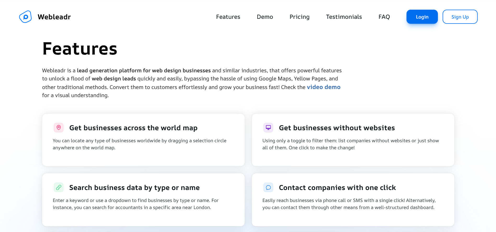 Webleadr Features - No website filter, AI-powered analysis, and Lighthouse scoring