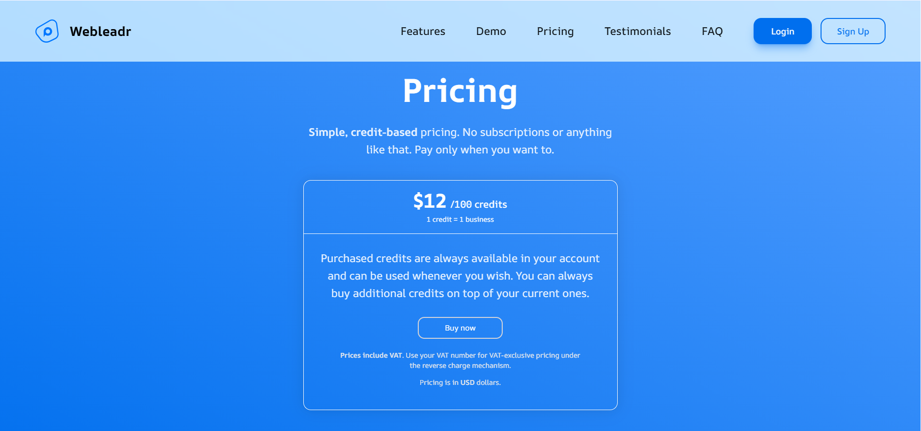 Webleadr Pricing - Pay-as-you-go credit system